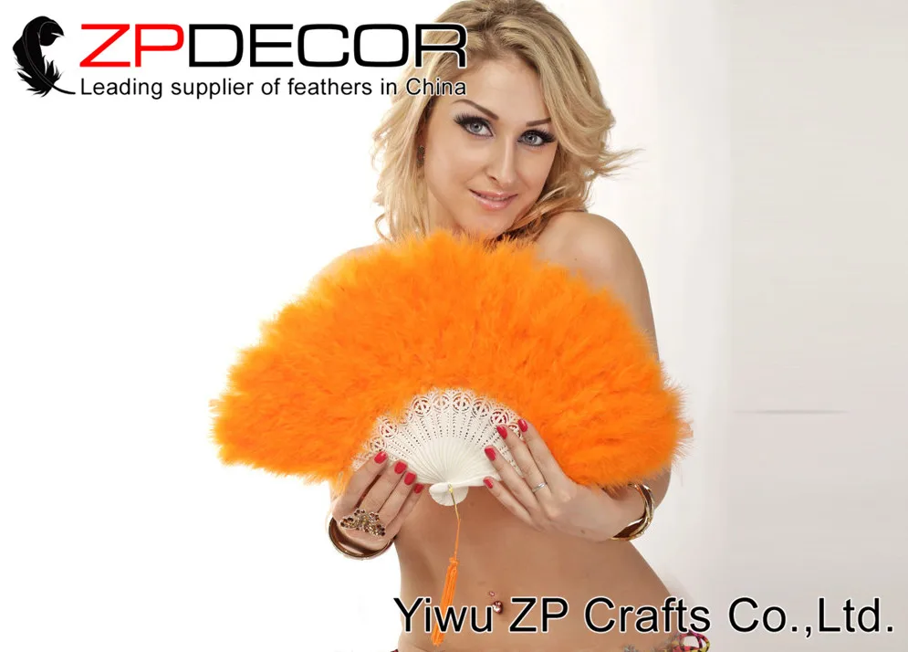 Elegant Orange Marabou feather hand fan costume fun act Burlesque decor dancing