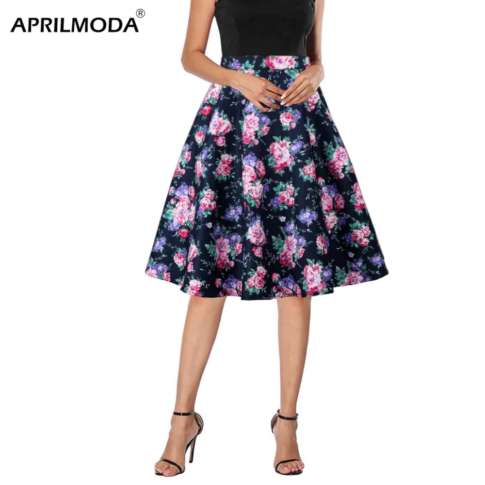 

2019 Retro 1950s 60s 50s Audrey Hepburn Vintage Summer Style Female Character Floral Print High Waist Casual Midi Women's Skirt