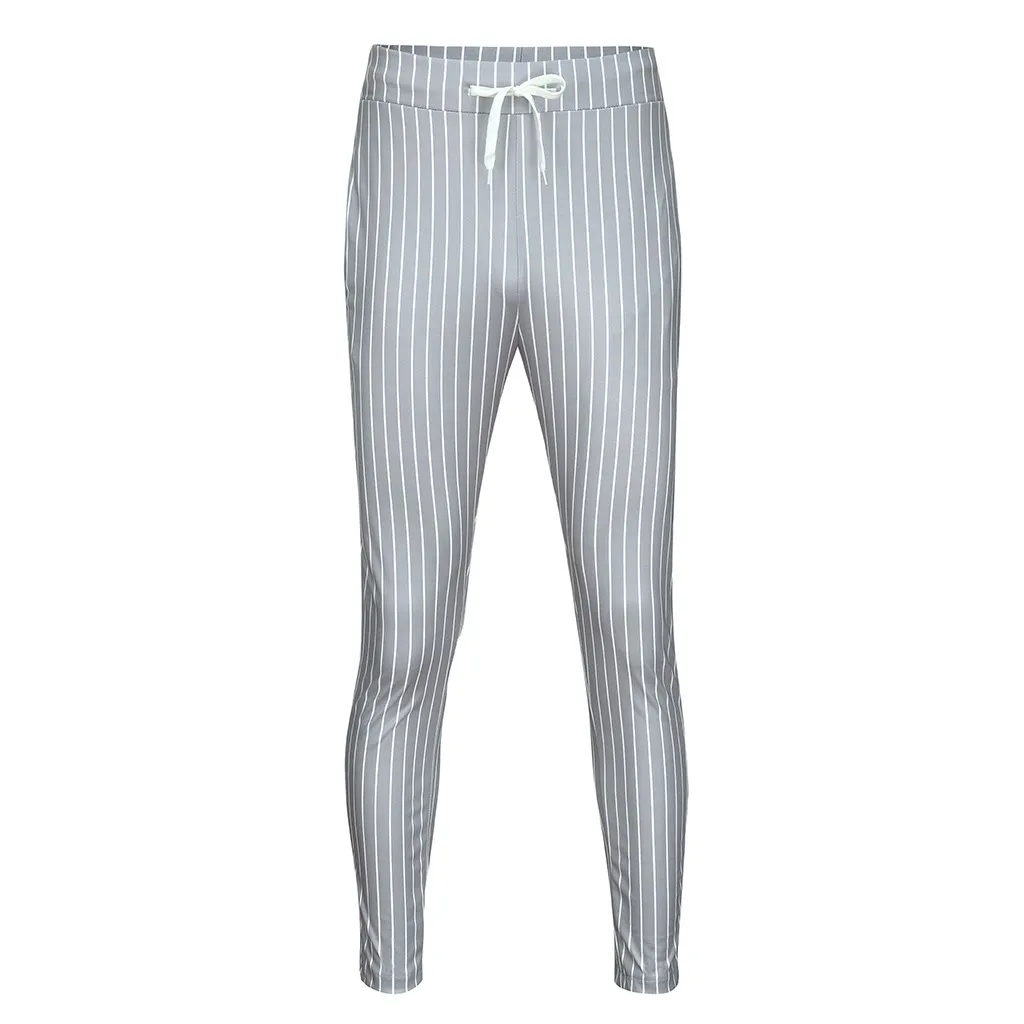 Мужские полосатые деловые брюки, прямые, Ретро стиль, строчка, уличная одежда размера плюс, мужские брюки с эластичной резинкой на шнурке - Цвет: Серый