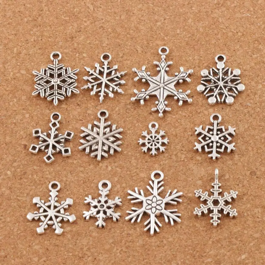 

Christmas MIXED Snowflake Charm Beads 24pcs Antique Silver Pendants Jewelry DIY Fit Bracelets Necklaces LM38