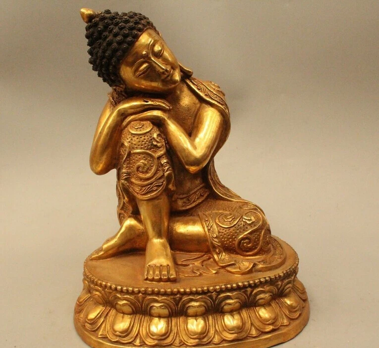 

10"Tibet Buddhism Bronze Gild Sleep Shakyamuni Amitabha Buddha Statue Sculpture