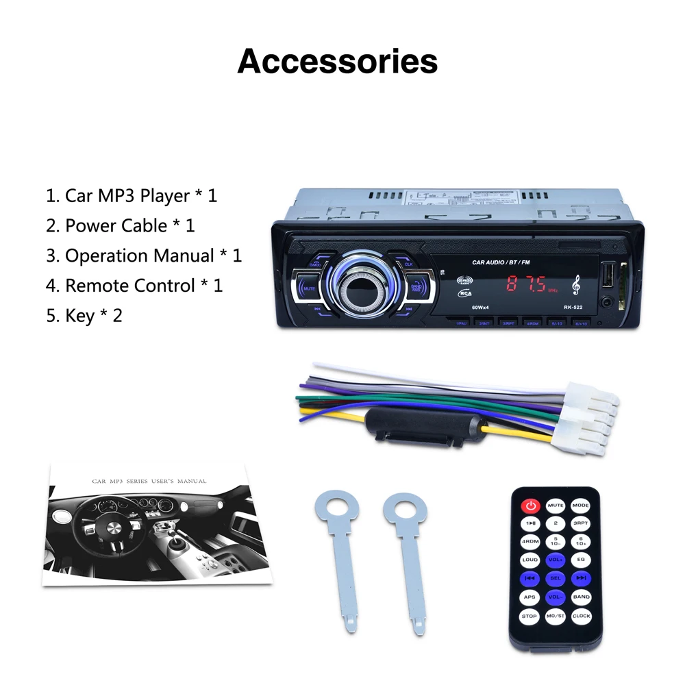

Car MP3 Player Car SD Card Reader USB With Bluetooth FM Tuner Aux In Remote Control (no DVD) 1din Stereo Autoradio RK-522