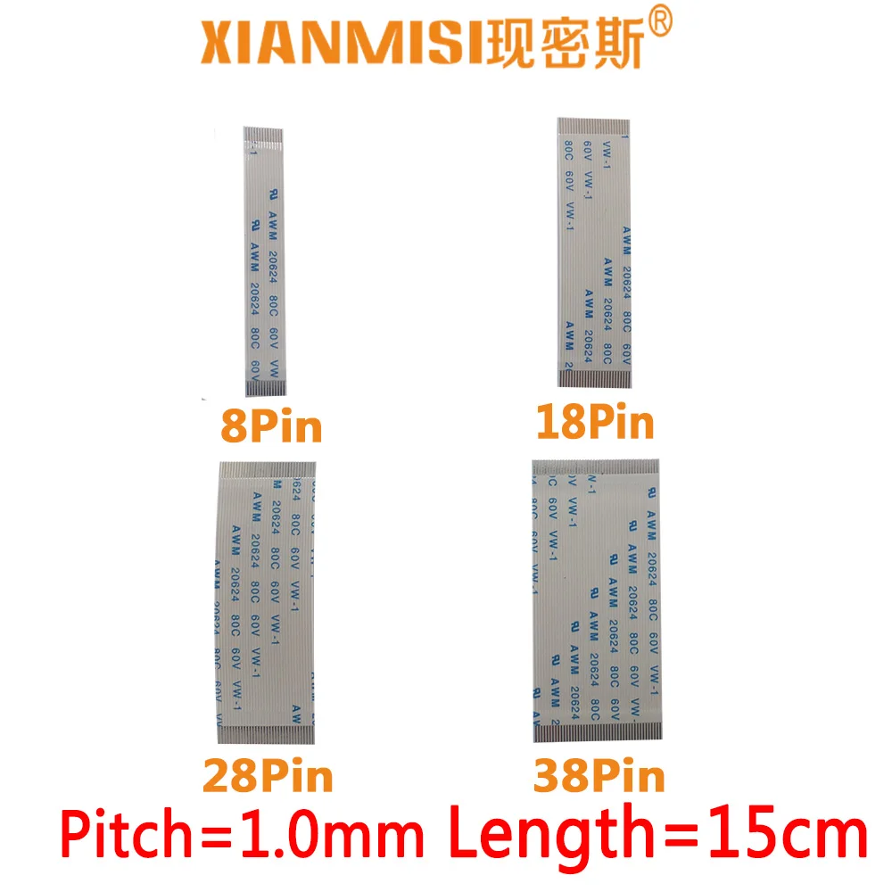 

FFC/FPC Flat Flex Extension Cable 8Pin 18Pin 28Pin 38Pin Same Side 1.0mm Pitch AWM VW-1 20624 20798 80C 60V Length 15cm 5PCS