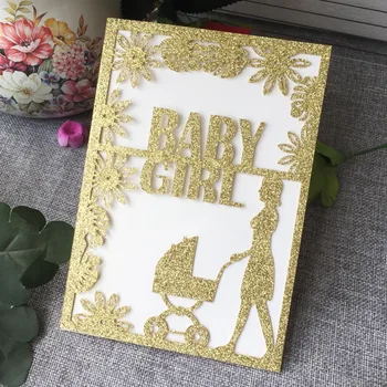 

20pcs New Arrival Glitter Paper Laser Cut Baby Shower Invitations Gender Reveal Birthday Party Decorations Gift Card