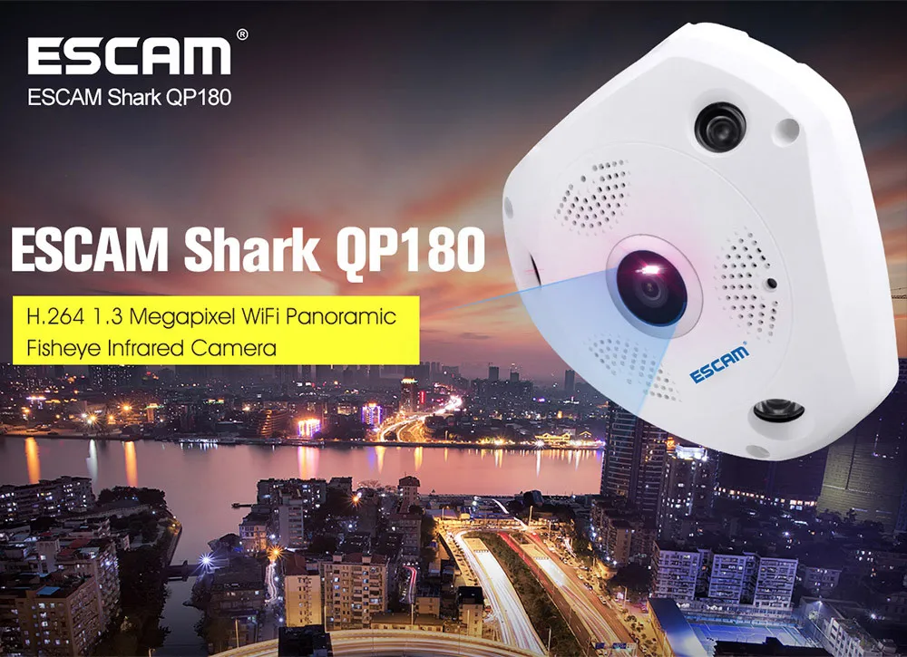 

ESCAM Shark QP180 960P HD Wireless Wifi Mini IP Camera 1.3MP 360 degree VR IP Camera IR-cut Motion Detection Fisheye VR Camera