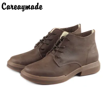 

Careaymade-New Female Head leather leisure boots,English style retro literature and art ankle boots flat heel Martin boots