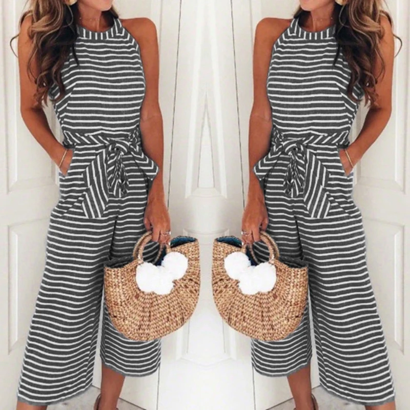 2019 Fashion Wide Legs Strip Playsuit Women Woman Casual Sleeveless Bow Sashes Elegant Jumpsuits Ladies Summer Overall Romper