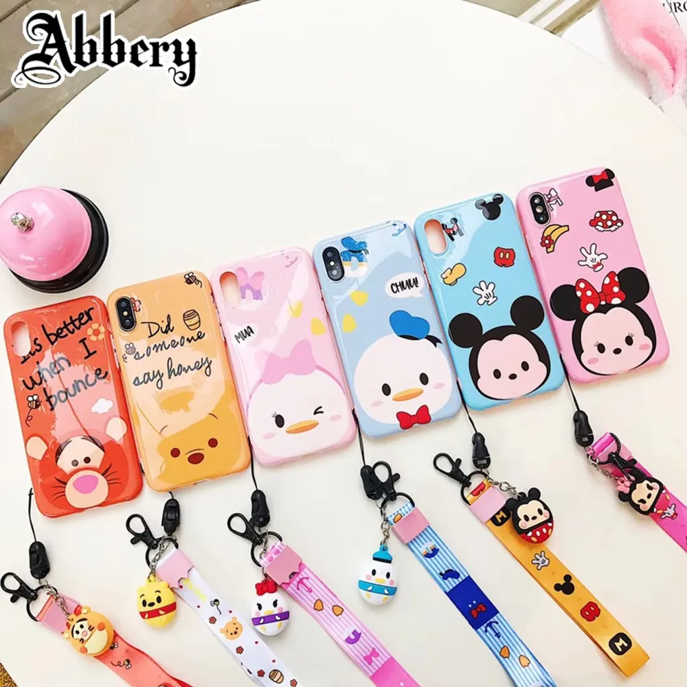 

Abbery 3D Cute Japan Korean cartoon Mickey Minnie mouse Donald duck gloss soft phone case for iphone 6 6s 7 8 plus X with strap
