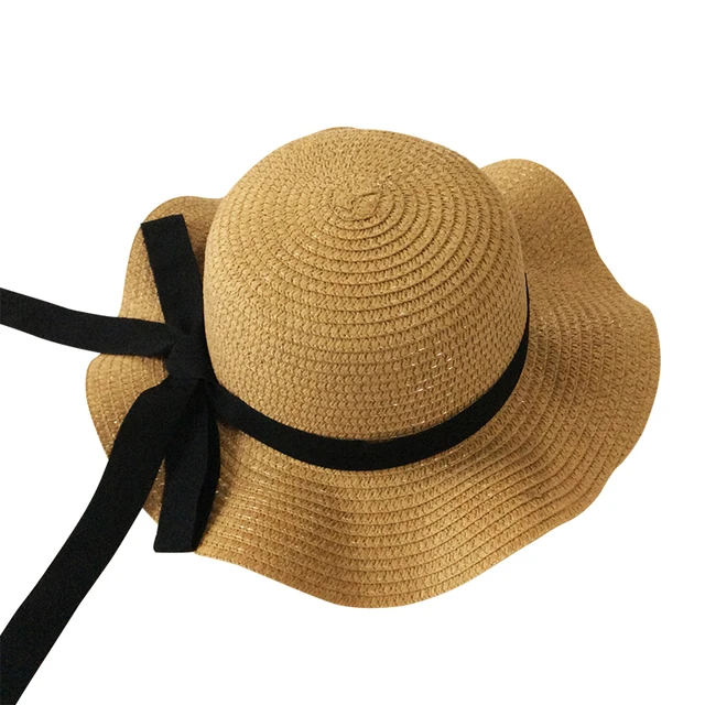 Girls Summer Cap Black Ribbon Decorate Wavy Straw Hat For Girls Children Panama Hat Kids Sun Cap Baby Beach Hats Auburn