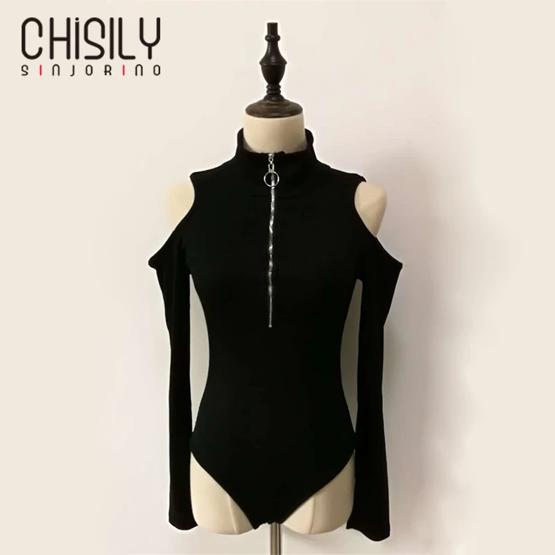 CHISILY SINJORINO Sexy Off Shoulder Skinny Women Zipper Bodysuit Turtleneck Black Long Sleeve Bodycon Top Body Jumpsuit Femme