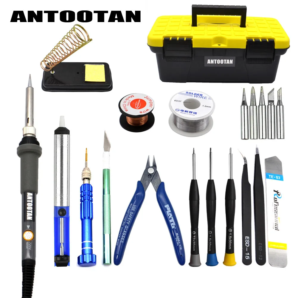 Electrical Soldering Iron Gray EU 220V 60W Adjustable Temperature Kit Welding Repair Tool Set