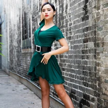 Платье для латинских танцев, женское зеленое платье с коротким рукавом для танго, сальсы, ча-самбы, Одежда для танцев, женская одежда для тренировок, шоу, одежда для взрослых DNV11635