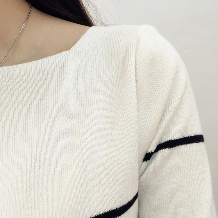 Хао он, вставить 2019 Новый демисезонный вязаный женский корейский полосатый рубашка с воротником свитер тонкий черный и белый цвета женский
