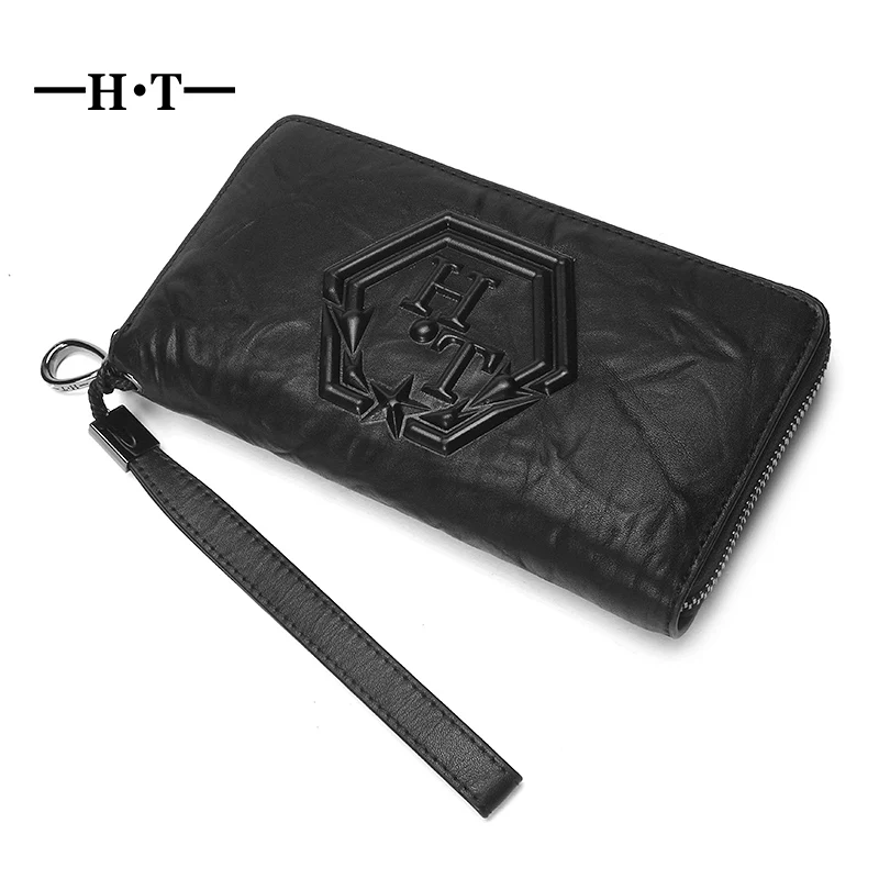 

HT Vintage Halloween Men Wallet Genuine Leather Long Purse Male Notecase ID Credit Card Holders Men Coin Purses Clutches
