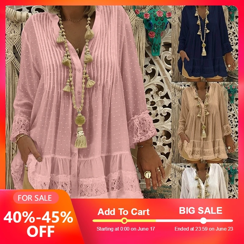 

Plus Size 2019 Summer Womens Tops and Blouses Chiffon Embroidery Full Sleeve V-Neck Hollow Out Bohemian Vitange Femme Blouses