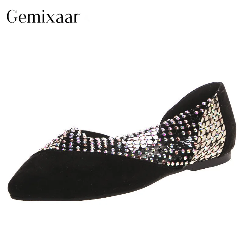 

New Style Crystal Mesh Flat Shoes Woman Jewelled Air Mesh Patchwork Cutout Loafers Pointy Toe Mules Spring Women Shoes