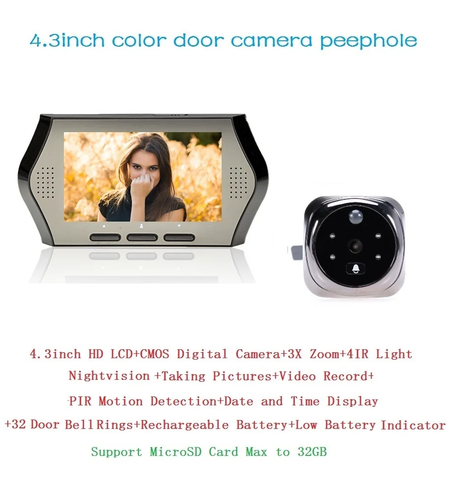 

4.3 inch video citofono spioncino porta digitale PIR Motion Sensor IR night vision 32 Rings 0.3M pixels camera peephole Max 32G