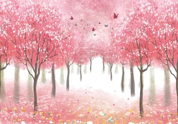 

Laeacco Pink Backgrounds Blossom Flower Tree Grass Butterfly Oil Painting Spring Scenic Photo Background Photocall Photo Studio