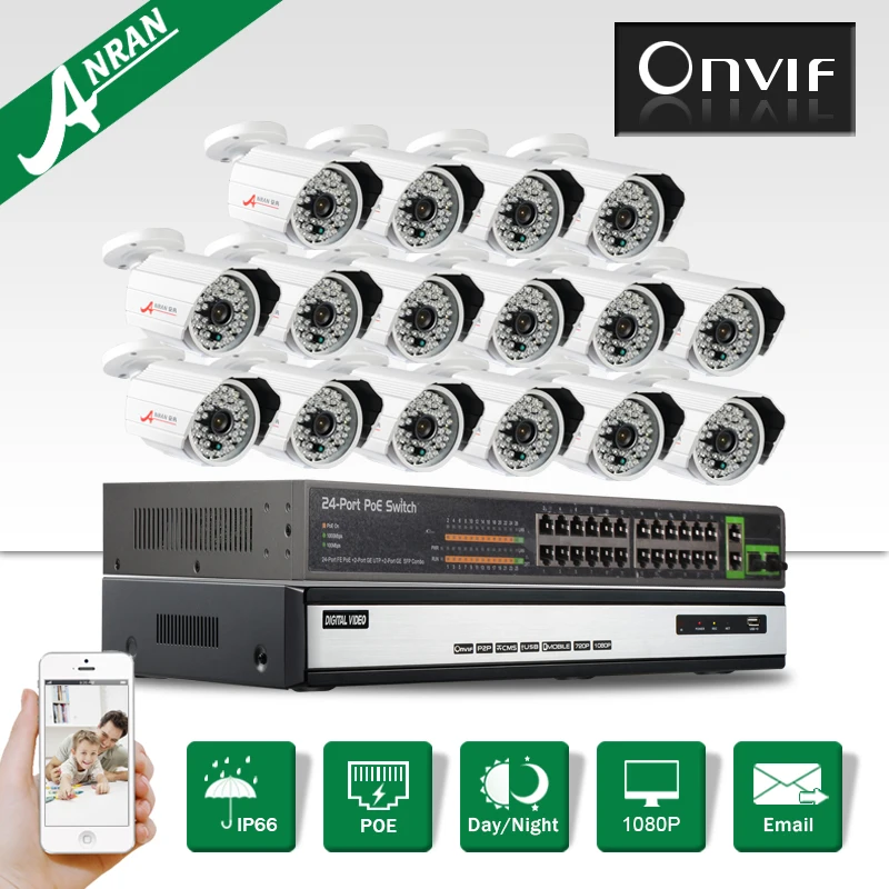 Megapixel 1080P HD Outdoor IP Camera POE Network Surveillance Onvif 16CH H.264 NVR Security CCTV System 6TB HDD 24CH POE Switch