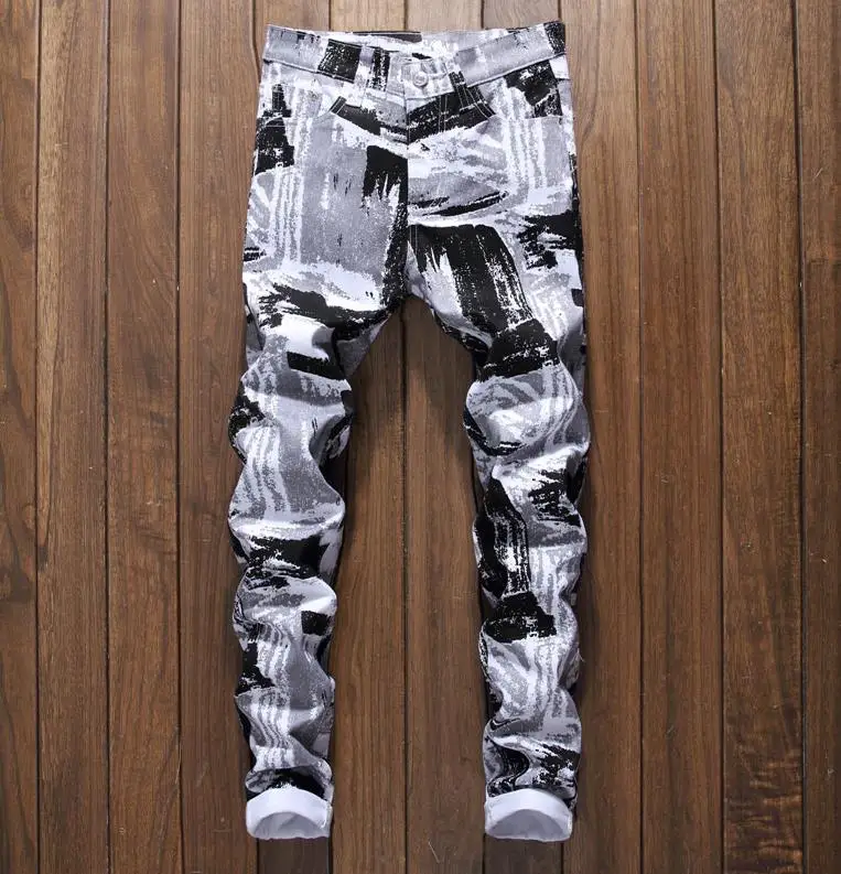 

Men's Fashion Ink Painted White Print Pants Colored Drawing Pattern Print Slim Stretch Denim Jeans For Men #5012