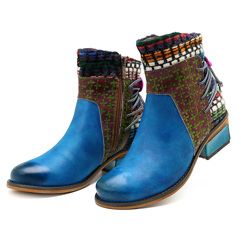 Johnature 2019 Encaje Mujer Para Las Primavera Azul Mujeres Zapatos Correa Flores Genuino Tobillo Botas De Cuero Otoño Botines Nueva Vintage rA15wr