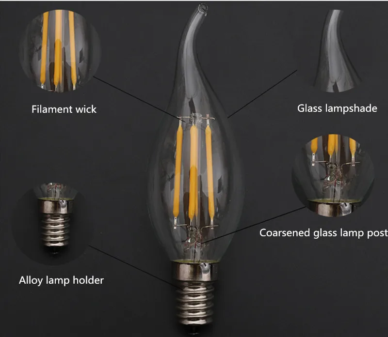 Светодиодный лампы E14 220V 2 Вт, 4 Вт, 6 Вт, C35 светодиодный затемнения светодиодные свечи накаливания канделябры пламени с изогнутым кончиком 30 Вт накаливания эквивалентная лампа