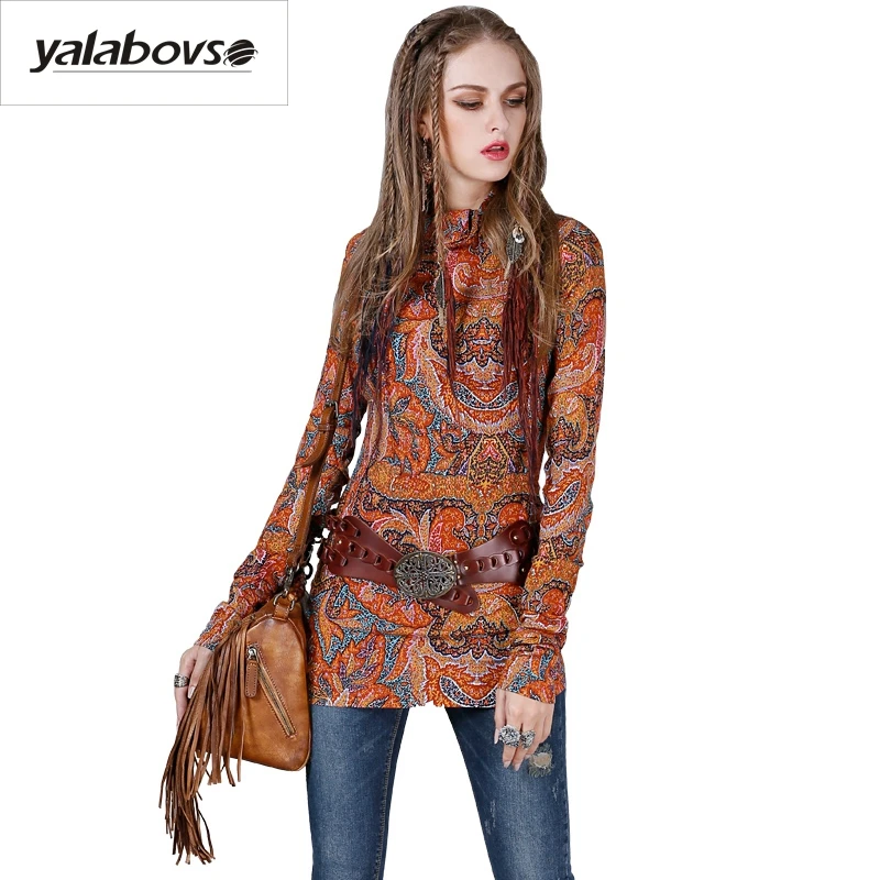 

Yalabovso 2017 Autumn Cotton and Linen Full Sleeve Nation wind Printing Slim Shirt for woman B9153Z20
