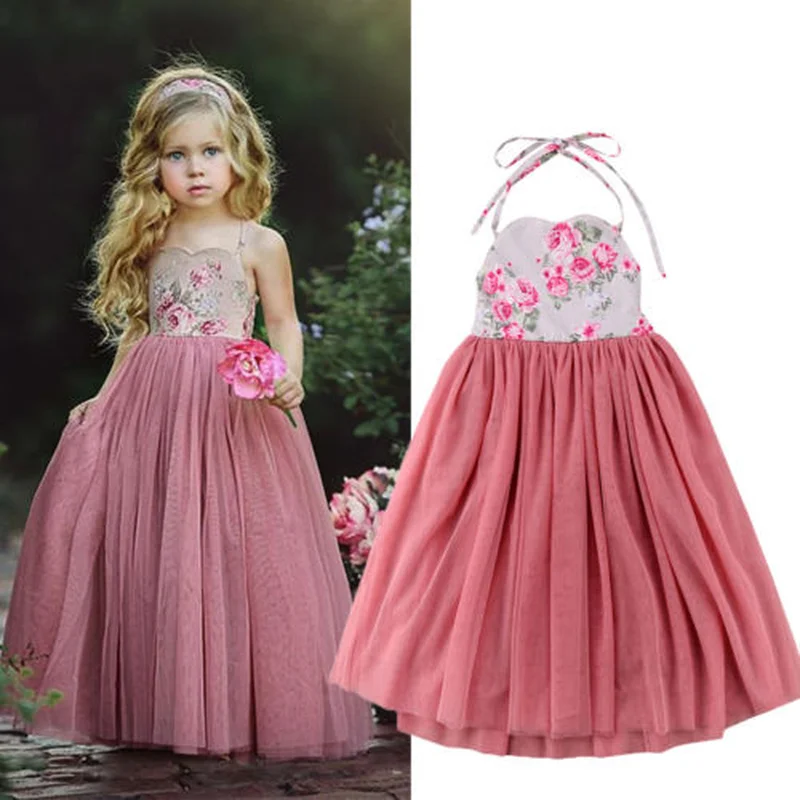 Новинка года; платье принцессы детское розовое кружевное платье на бретельках с цветочным рисунком для девочек длинные вечерние платья принцессы; детское Летнее бальное платье; торжественное платье
