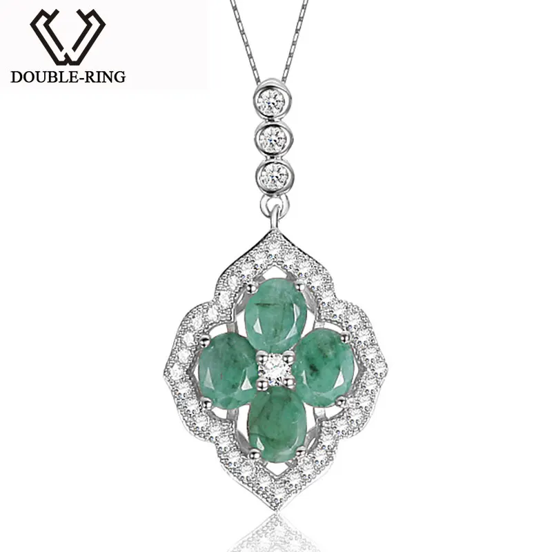 DOUBLE R Natural Emerald Pendants Necklaces Women 925 Sterling Silver