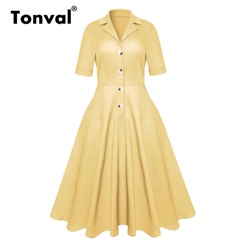 

Tonval Rockabilly 50s Yellow Women Midi Dresses Turn down Collar Office Lady Dress Autumn Vintage A Line Dress