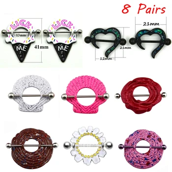 

8 Pairs 316L Surgical Steel Sexy Lick Me Icecream Rose Flower Heart Nipple Shield Cap Piercing Ring Body Jewelry