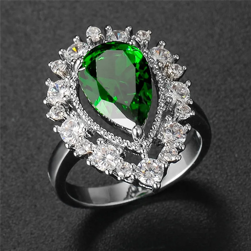 Fashion Austrian Green Crystal Rings Sparkling Water Drop Ring Female Silver Color Ring Elegant Jewelry For Woman Girl Gift R194 (7)