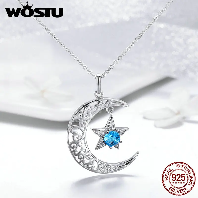 

WOSTU Real 925 Sterling Silver Shining Moon Star Necklace Blue Round CZ Stone Pendant For Women Engagement Party Jewelry FIN278