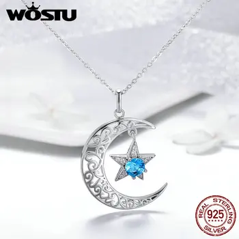 

WOSTU Real 925 Sterling Silver Shining Moon Star Necklace Blue Round CZ Stone Pendant For Women Engagement Party Jewelry FIN278