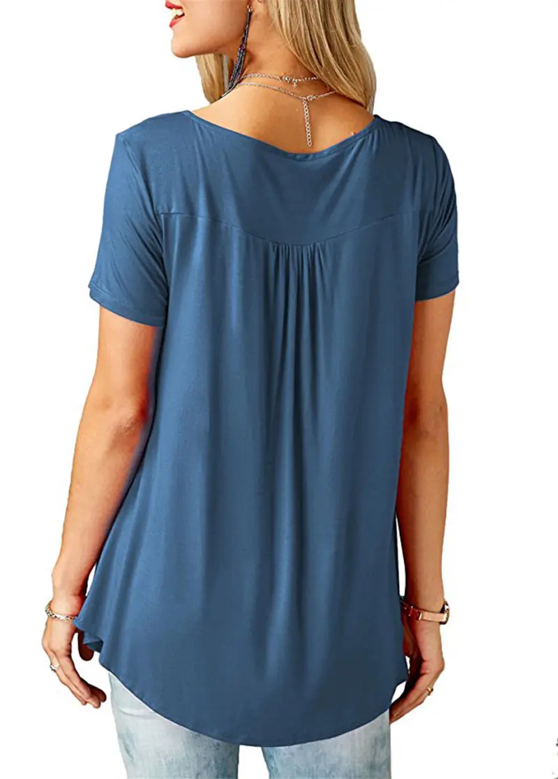 Women'S Summer Casual Short Sleeve T-Shirts Ruffle Button Up Split Neck Blouse Tunic Top Female 2018 Fashion Solid Loose Tees (11)