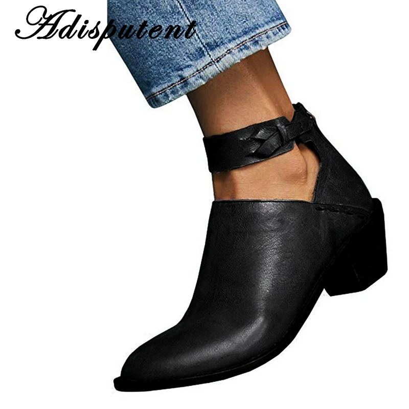 

Adisputent Womens Cut Out Booties Buckle Strap Back Zipper Leather Stitch Ankle Casual Boots Female High Quality Ladies Shoes