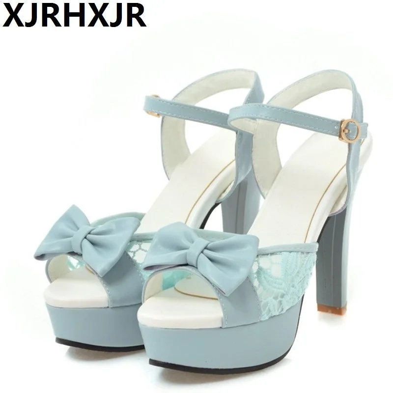 

Plus Size 34-43 Summer Peep Toe Ankle Strap Sweet Bow Tie Thick High Heel Sandals Platform Ladies Women Shoes Wedding Party Pump