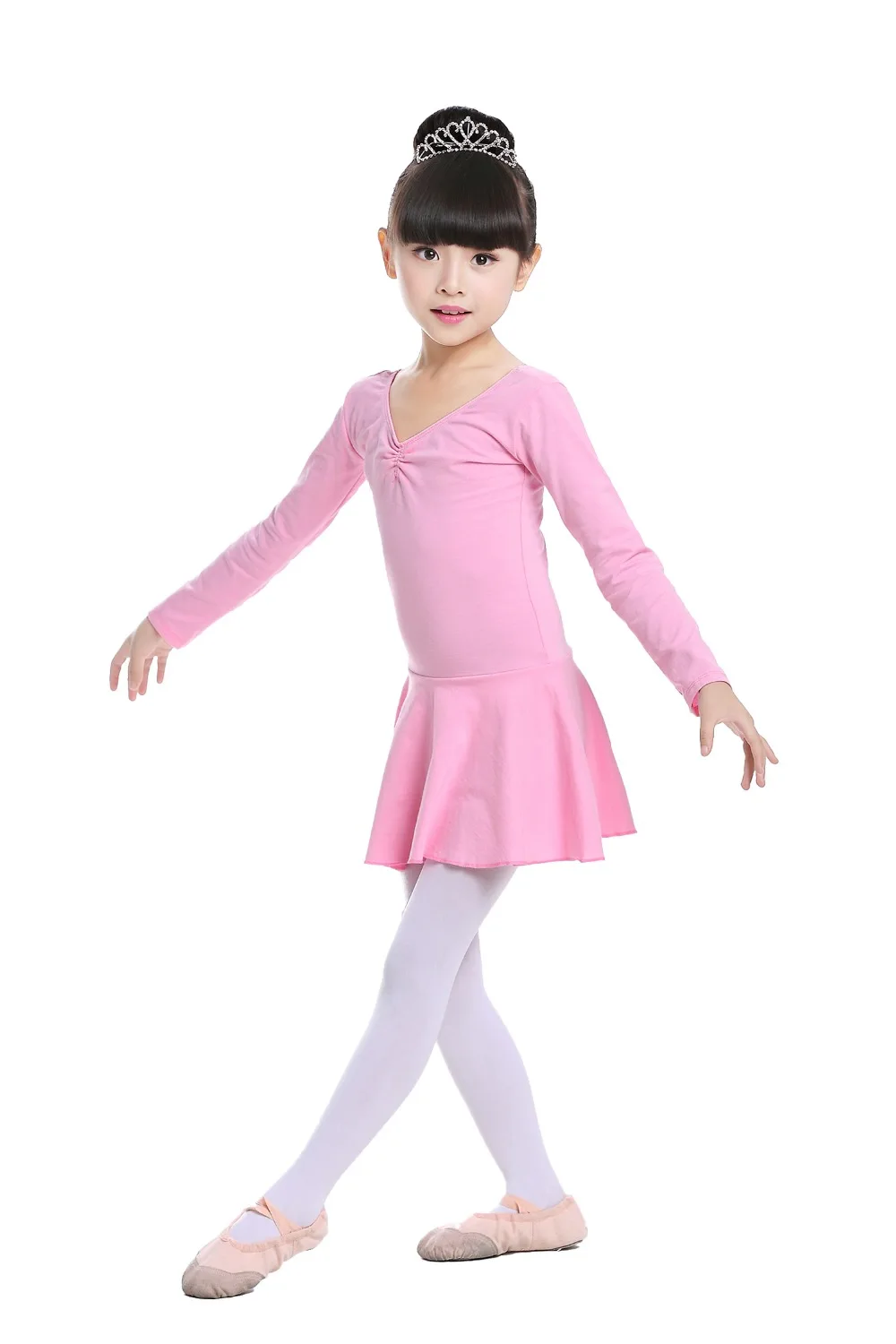 Pink Cotton Formal Ballet Dress for Girls Long Sleeves Shiny Ballet leotard for Dance Kids Gymnastics Professional Tutu Dress (5)