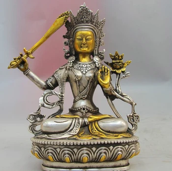 

USPS to USA S0915 Tibet Buddhism White Copper Silver Manjusri Bodhisattva Manjushri Buddha Statue
