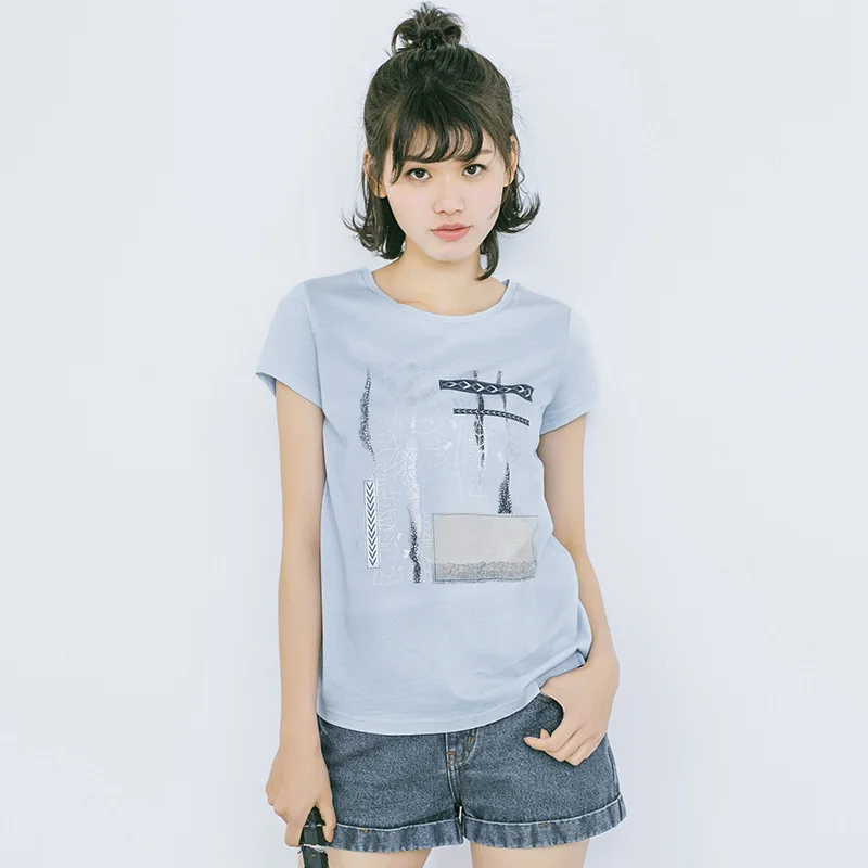 

Casual Loose Blue Tshirt Women Summer T-shirts Short Sleeve Printed Tee Female Round Neck Cotton Top 3295LY