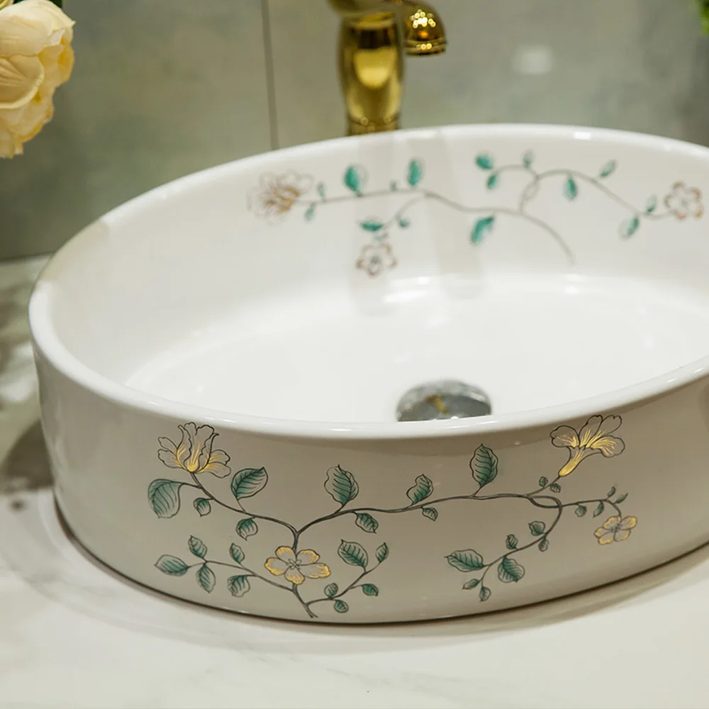تشى الحمام فوق مكافحة حوض السيراميك الحمام الغرور الحمام بالوعة حوض اليد رسمت الذهب السحلية LO6201102