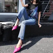 Женские джинсы тонкие с высокой талией черные/голубые женские повседневные обтягивающие тянущиеся длиной до щиколотки расклешённые брюки 26/32 J2817