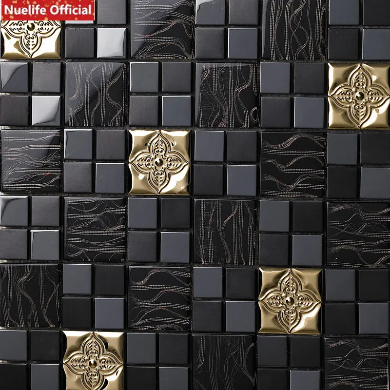 Golden Flower Mosaic 3D Wall Sticker Crystal Glass Stainless Steel Tile Living Room Bar Kitchen Bathroom Decorative Wall Sticker