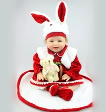 22 inch New Style Soft Vinyl Reborn Baby Doll Girl Toy Christmas gift Baby Doll in Lovely Rabbit Red Dress