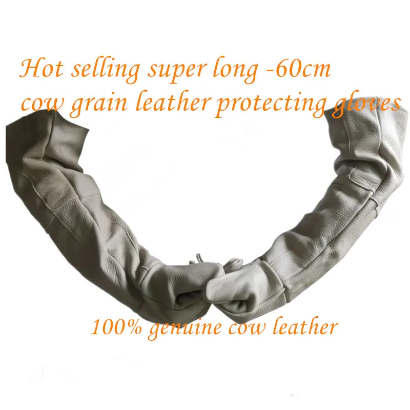 Free shipping hot selling 60cm super length cow grain genuine leather working safety glove anti-bite /anti-hurt for pets/animal.