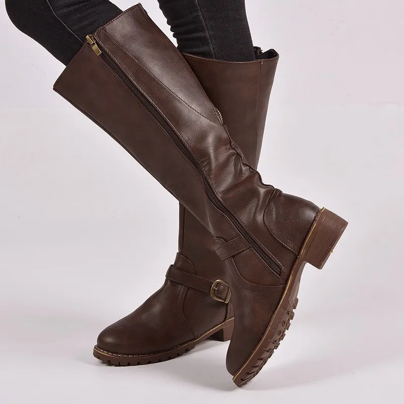 SLHJC; сезон осень-зима; кожаные сапоги для верховой езды на среднем каблуке; высокие сапоги до колена; женская обувь на квадратном каблуке в стиле ретро; большие размеры