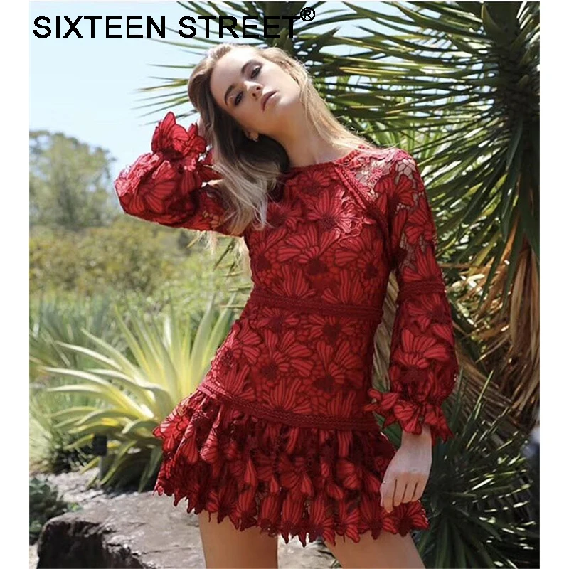 Новые женские Красные кружевные платья с рукавом фонариком и круглым вырезом, сексуальная повседневная одежда, тонкое мини-платье для девушек, летнее платье для встречи