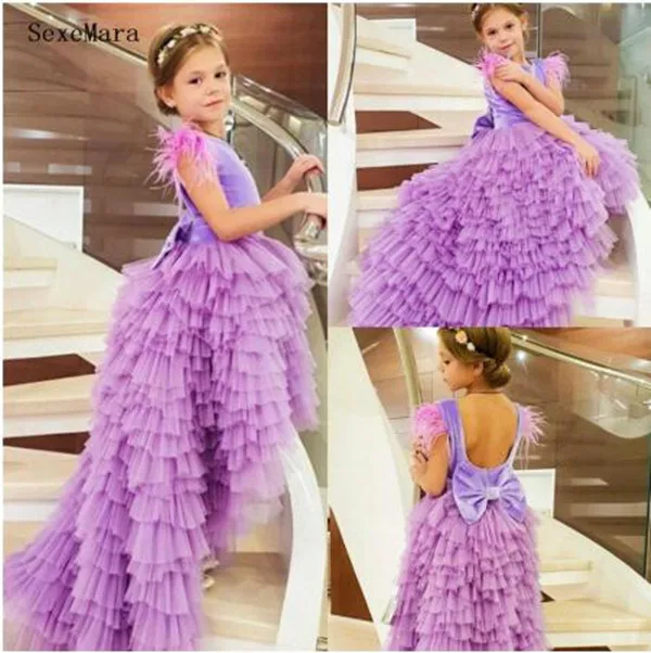 High Low Lavender Tulle Flower Girl Dress For Wedding with Bow Feathers Tiered Girls Pageant Gowns Vestidos | Детская одежда и