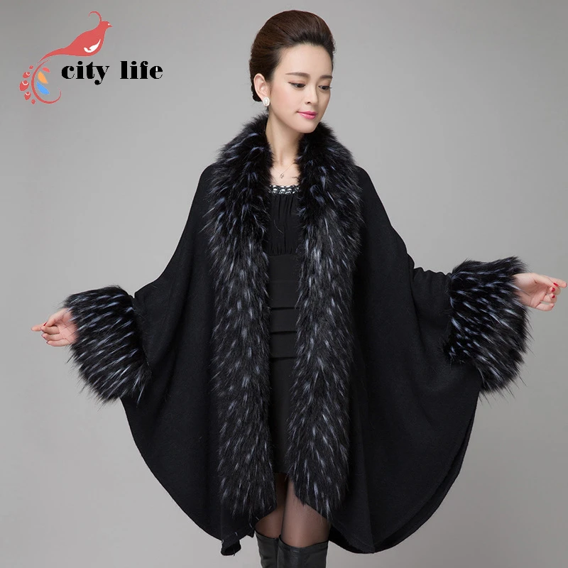 Zwarte Cape Vrouwen Mantel Faux Nertsen Bont Grote Poncho 2017 Nieuwe Bontkraag Wollen Sjaals Jas Kleding Casacos Feminino|casaco feminino|black cape coatcape coat women - AliExpress