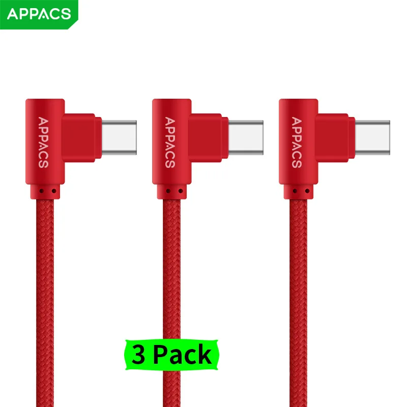 APPACS, 3 упаковки, кабель для мобильного телефона, usb type-C, кабель для быстрой зарядки 90 градусов, USB-C для samsung, huawei, нейлоновый шнур для передачи данных для зарядки